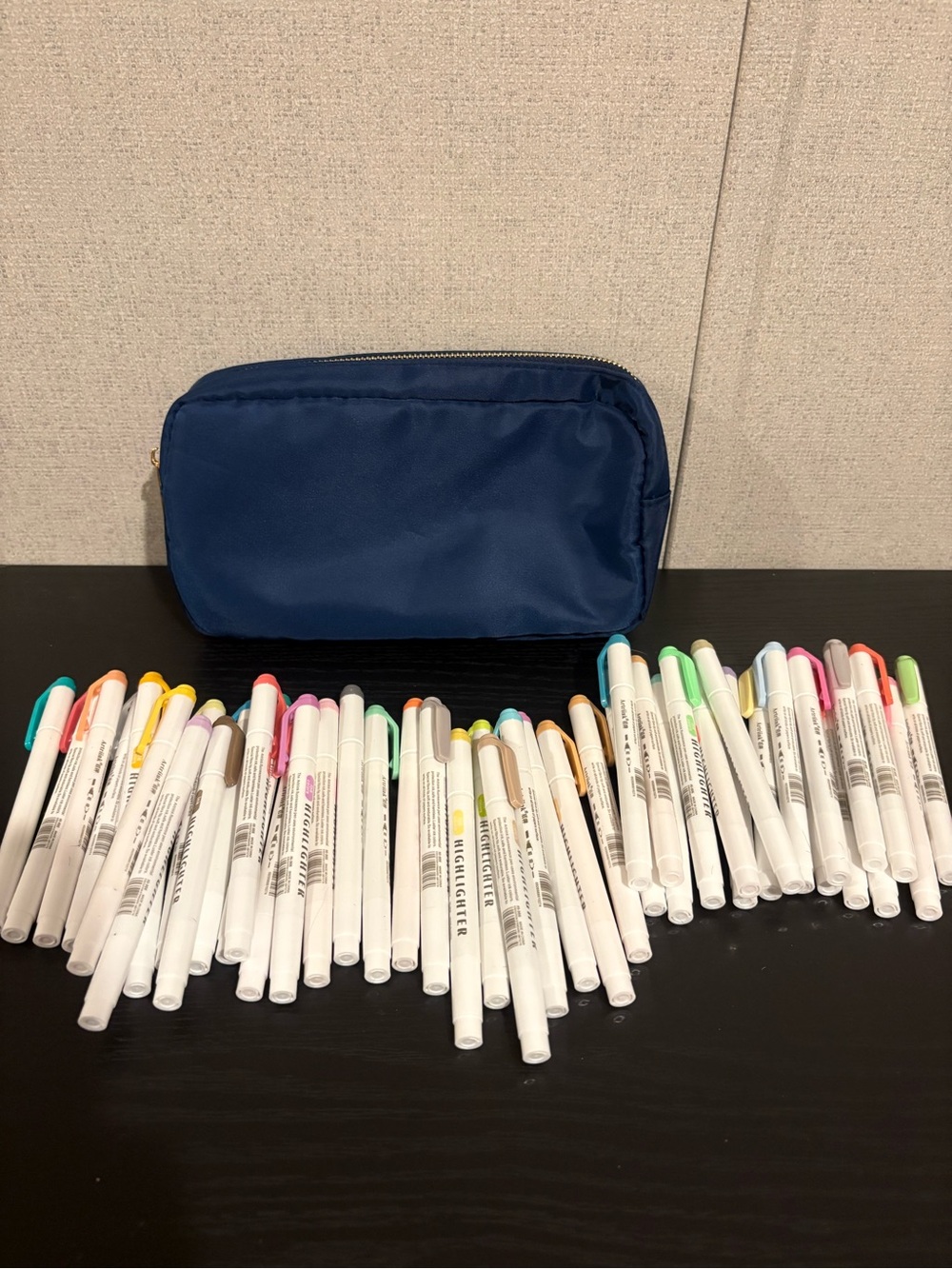 Navy Blue Zip Pouch with Assorted Pastel Highlighters